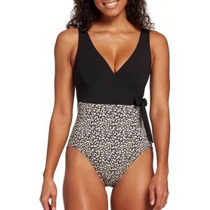 CALIA by Carrie Underwood One Piece Swimsuit Size 8 Black White & Yellow Floral